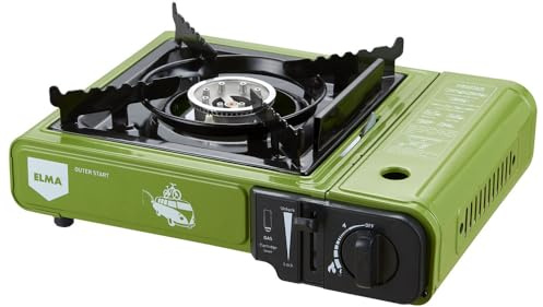 ELMA Camping bärbar gas, spis camping gas dubbel utomhus start | inklusive portfölj, variabel flamregulator, 34 x 28 x 11 cm, 2,3 kw, grön