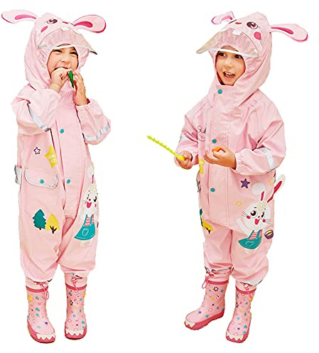 JinBei Puddle Suit Kids Waterproof All in One Rainsuit for Baby Girls Raincoats Hooded Cute Breathable Transparent Hat Reflective Stripes 3D Pink Rabbit Rainwear 1-2 Years