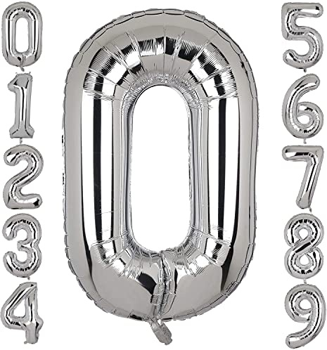 Tomario 40 Inch Large Birthday Number Balloon - Giant Foil Number Balloon for Birthday Party Decoration, Wedding, Anniversaries (Sliver Number 0)