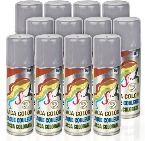 Pack 12 Laca de Pelo Color Plata 125ml - Spray Colores para Cabello Rápida coloración, Lavable