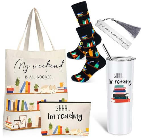 Silkfly 5 Pcs Book Lovers Gifts Set, Gifts for Book Lovers, Includes 20 oz Tumbler Socks Bookmark Tote Bag and Cosmetic Bag