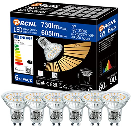 PRCNL GU10 LED Lampadine Dimmerabile 7W Bianco Calda 3000K 730LM Angolo a Fascio 120 Gradi, 6 Pezzi, Equivalente Lampadine Alogene 80W,Nessun Sfarfallio,Tre tipi di luminosità 3 in 1
