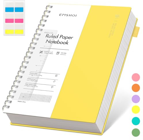 EMSHOI A4 Notebook Lined, Spiral Journal, 300 Pages, PVC Cover, Yellow | 100GSM Paper, Flexible Plastic Cover, Notepad with Sticky Notes, Pocket, Pen Loop, Bookmark Ruler for Writing, 21 x 28.5cm