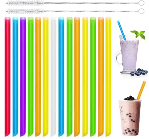 Addein 100 Stück Jumbo Boba Strohhalme mit 2 Strohhalm Reinigungsbürsten, Wiederverwendbare Bunt Trinkhalme, Dicke Bubble Tea Strohhalme, Extra Lang Strohhalme mit Breiter Öffnung für Party