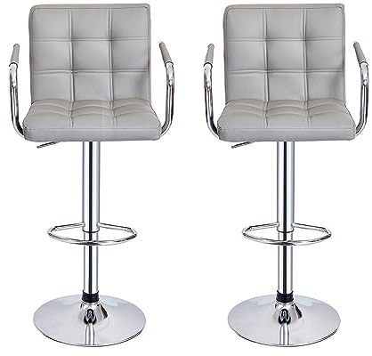 Panana Barhocker 2er Set, höhenverstellbare, Kunstleder Barstuhl mit PU-Bezug, 360° Drehstuhl mit Armlehnen, Rückenlehne und Fußstütze (2, Grau)
