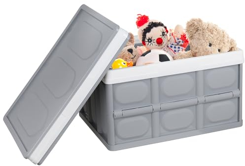 2 Stück Faltbare Aufbewahrungsbehälter mit Deckel Kisten Kunststoff Klappbox Transportbox Container 30L Lagerbehälter Für Kleidung, Bücher, Snack Aufbewahrungsboxen Regalkörbe Storage Box- Grau