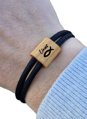 Gravur Holz Armband, Kommunion, Konfirmation, Firmung, Surfer Armband, personalisiertes Armband, Holz, Fisch mit Namen, Armband graviert