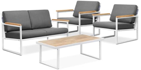 Konsimo Ensemble de meubles de jardin, de balcon, de terrasse, imperméables, en acier et bois de chêne, résistants aux taches et aux UV, blanc/gris