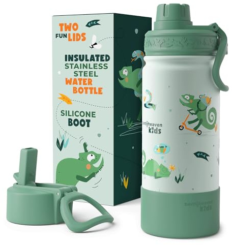 Bentoheaven Kids Water Bottle Stainless Steel for Boys & Girls, 2 Lids (Chug & Straw), Handle & Silicone Boot, Reusable Metal Leak-proof Insulated Tumbler, School & Sports 17oz (Green)