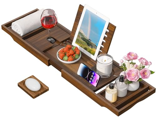 Kiasthome Teak Bathtub Caddy, Expandable Bath Tray, Non‑Slip Luxury Tub Caddy with Wine Phone Tablet Holder, Wooden Bath Accessory for Home Spa and Gift