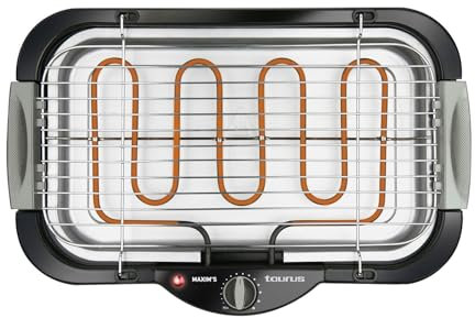 Taurus - Barbacoa Eléctrica Maxim's 2400W | Superficie 41x24 cm | Termostato Regulable | Bandeja de Agua Anti-Humo | Uso Interior y Exterior | Distribución Uniforme del Calor