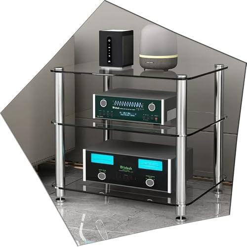 ZIUSFAC Étagère Média AV Media Étagères en Verre Transparent Audio Armoire D'équipement Stéréo Armoire De Composants 1/2/3 Niveaux Meuble pour Console DVD Player(Transparent,3 Tier)