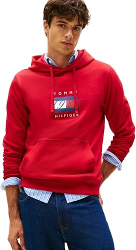 Tommy Hilfiger Uomo Felpa con Cappuccio Linear Flag Graphic in Cotone, Rosso (Medium Red), M