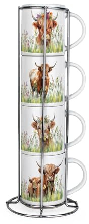 Purely Home Highland Cow Stacking Mugs Set - Countryside Farm Animal Gifts - Set of 4 Small Ceramic Mugs Gift Set with Metal Stand