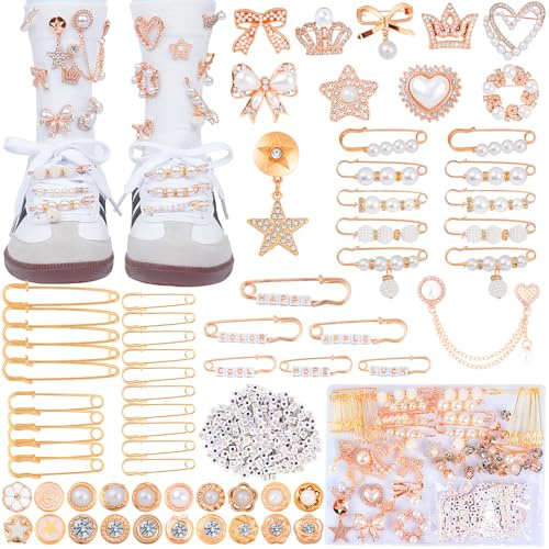 BestNow Junk Socks Charms Kit 260Pcs Gold Brooches and Pins for Women Pearl and Rhinestone Sock Charms with Safety Pins DIY Accessories for Decorating and Personalizing Socks