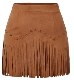 SHENHE Women's Plus Size Faux Suede Fringe High Waisted Rivet Studded Western Hippie Skirt Brown B 4X-Large Plus