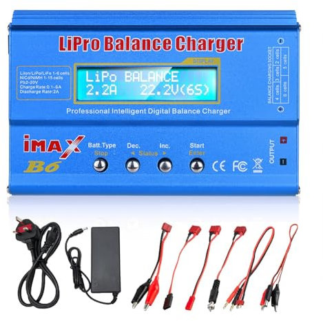 Lipo Battery Charger, 80W 6A Lipo Battery Balance Charger, RC Battery Charger with Power Adapter for LiPo, RC Hobby, Pb Blue, Li-ion, Li-Fe, NiCd,Li-ion, NiMH