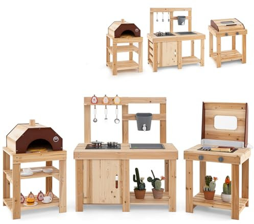 COSTWAY 3 PCS Cuisine Extérieure Enfant avec Barbecue et Four à Pizza, Cuisine Boueuse en Bois avec Évier et Réservoir d'eau, 15 Accessoires, Jouet de Simulation pour Enfant de 3 Ans+