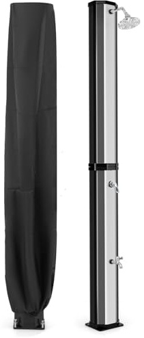 GYMAX Doccia Solare da 60 L, Doccia da Giardino 227 cm con Testa di Doccia Girevole a 360°, Rubinetto per Doccia Piedi, Copertura Protettiva per Spiaggia, Piscina, Nera/Argento (Nero e Bianco)