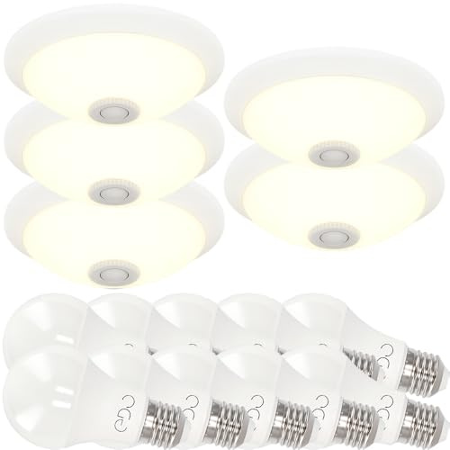 Set med 5x Plafondlampa Ø300 mm Vit 2×E27 med Rörelsesensor PIR 360° och Skymningssensor - Taklampa med 10x LED-Lampa 11W E27 Neutral Vit 4000K - Plafond för Korridor, Garage, Trappa - Horoz Electric