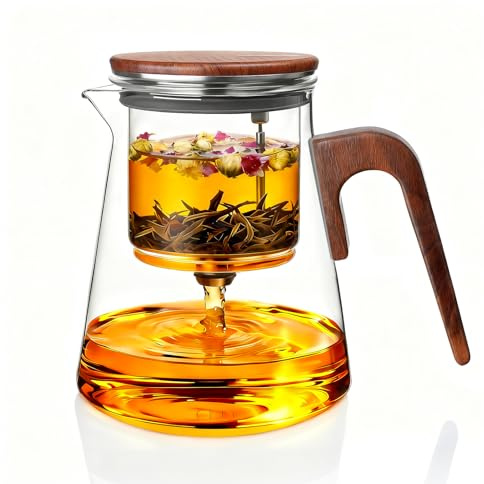 ZENS Theiere avec infuseur, Magic théière en verre avec Couvercle à succion magnétique pour Thé en Feuilles vrac sans dégâts, manche en bois de noyer, cadeaux pour les amateurs de thé-800ML