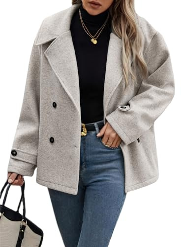 chouyatou Women's Winter Loose Fit Cropped Wool Coat Double Breasted Dressy Short Blazer Jacket Peacoat (Small,Apricot)