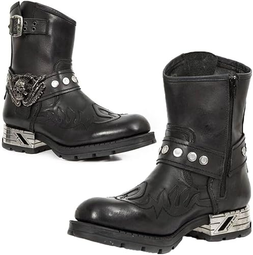 Botas De Montar Steampunk Botines De Cuero PU De Moda Heavy Metal con Decoración De Calavera Botas De Caballero Bordadas Retro para Hombres, Black, 47 EU