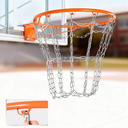 Heavy Duty Metal Chain Basketball Net,Anti-Rust Carbon Steel Chain Basketball Net,Standard 12 Loops, Quick Installation for Indoor & Outdoor Use, Fits All Standard Hoops