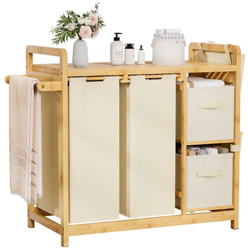 Yorbay Cesto para la colada con 3 compartimentos, bambú, 140 L, con estante, toallero y bolsillos laterales pequeños, clasificador de ropa para baño, dormitorio y lavandería, 87 x 41 x 77 cm, beige