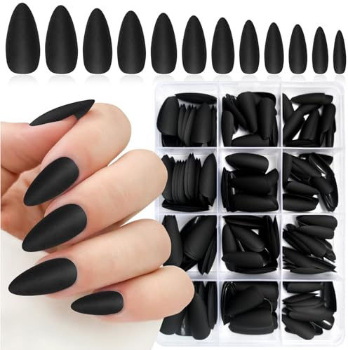 Auroriel 240 pièces ongles en forme d'amande moyen noir mat taille moyenne faux ongles couverture complète réutilisable