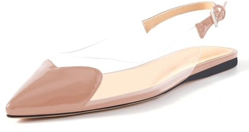 Fravonkass Women's Fashion Heart Toe Transparent PVC Slingback Flats with Buckle Chic Pointed Toe Clear Ballet Flat Shoes Date Office Dressy Flat Shoes for Women Nude Size 8