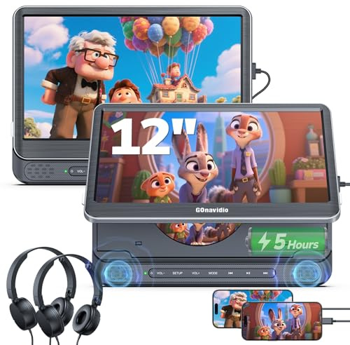 GOnavidio Reproductores de DVD dobles de 12 pulgadas con entrada HDMI, reproductores de DVD para reposacabezas de coche con auriculares, batería de 5 horas, espejo de pantalla de 1366 x 768, lector