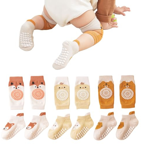Mezrkuwr 3 paia di ginocchiere per neonati e 3 paia di calzini set per gattonare, antiscivolo con punti in gomma ginocchiere per bambini 0-12 mesi, motivi di cartoni animati adorabili