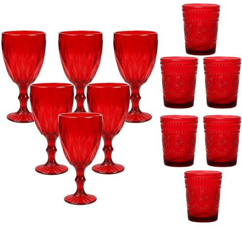 cecaro group - Set 6 Calici Natalizi in Vetro Rosso 320 ml e Set 6 Bicchieri Natalizi in Vetro Colorato Rosso 280 ml - Ideali per Tavola di Natale, Brindisi e Feste