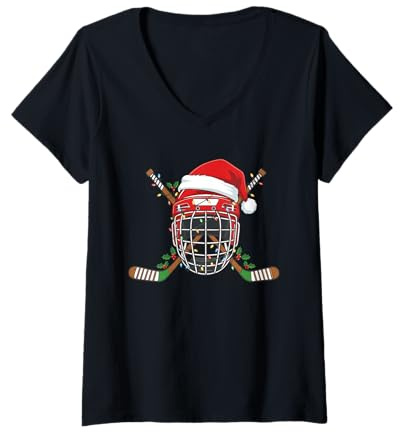 Donna Casco da Hockey su Ghiaccio di Babbo Natale, per Uomini, Ragazzi, Ragazzi e Adolescenti Maglietta con Collo a V