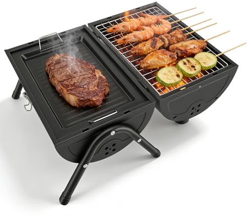 Yapasopu Griglia portatile da campeggio, griglia a tamburo per esterni, ideale per spiaggia, roulotte, giardino, feste, colore nero, con 1 vassoio per griglia e 2 griglie