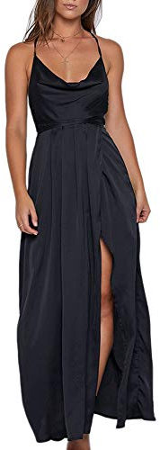 Yimeili Vestido formal de satén para mujer, sexy, cuello en V, espalda descubierta, largo, vestido largo para cóctel, fiesta, boda, invitada, Cuello de visera negra., Large