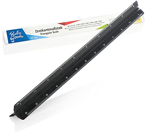 Robin Goods® Righello triangolare in alluminio - Righello per architetti per disegni di costruzione - Righello da disegno per architetti, disegnatori, ingegneri, studenti - 32cm (nero - scala piccola)