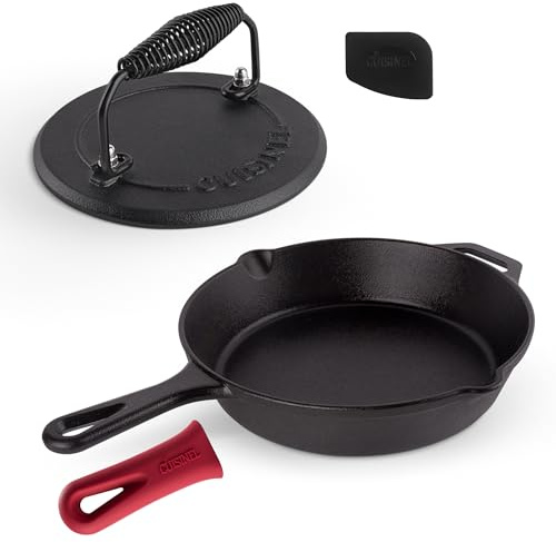Cuisinel Cast Iron Skillet + Grill Press + Scraper Set - 10-inch Pre-Seasoned Frying Pan + Silicone Handle Grip - 7 Round Burger Smasher - Indoor/Outdoor, Grill, Kitchen Cookware. PFAS and PFOA-free