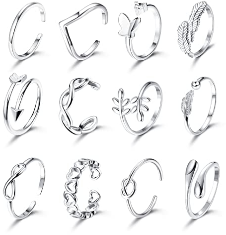 KALVICA 12 Stücke Offene Ringe Set für Damen Mädchen Frauen Fingerringe Set Knot Wellen Unendlichkeits Feder Silber Ringe Zehenring Verstellbar