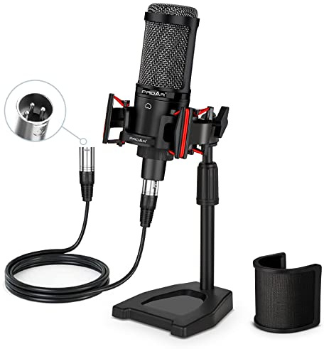 PROAR Microfono a condensatore cardioide professionale XLR per podcast per PC, computer, studio, kit microfono XLR per registrazione, podcasting, streaming, Voice over, ASMR, Home Studio, YouTube, con