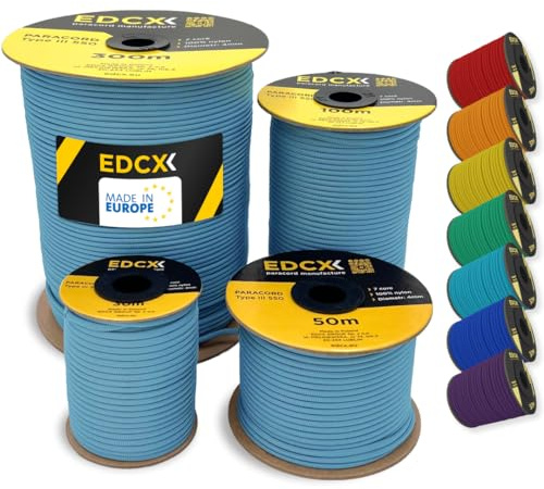 EdcX 4mm Nylon Paracord 550 50m (165 Piedi) - Tipo III, Corda 100% Nylon, Corda 7 Fili, Corda Nylon 4mm in Tinta Unita (Skylight, 50 m)