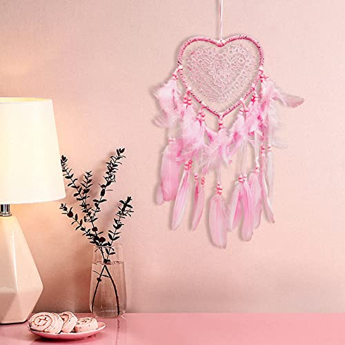 Caja Atrapasueños de Corazón, de Plumas para Colgar en la Pared, de Hadas Hechos a Mano, Adorno para Decoración de Bodas y Dormitorios (Rosa)