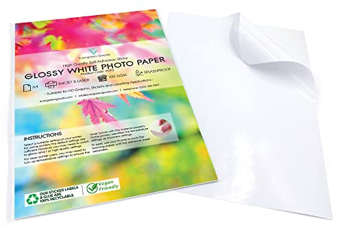 Evergreen Goods Lot de 100 feuilles A4 de papier blanc brillant autocollant imprimé -200gsm | Autocollant anti-éclaboussures pour imprimantes à jet d'encre et laser | Étiquette pour traceur de découpe