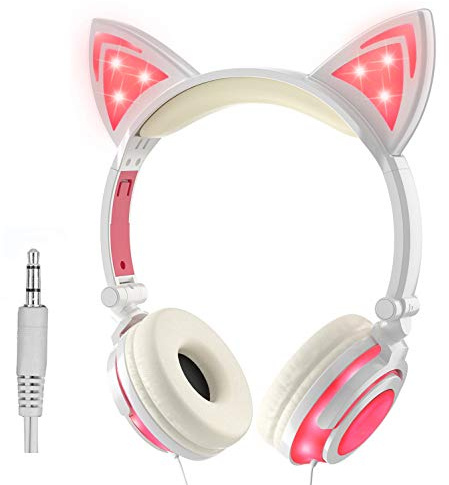 Olyre Kids Headphones Wired, On-Ear LED Kitty Headphones with Mic for Kids Boys Girls, Children Headset with cat ears for iPad Computer Tablet Laptop Gamepad School Learning (Pink+White)