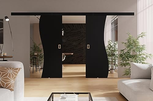 KIER FURNITURE Doppelwandige Schiebetüren mit Spiegeln FALA DUO – Schiebetür Komplettset Schiene Komplettset Mit Tür – Zimmertüren Mit Zarge Komplett - B212xH205xT1,6 cm - Schwarz