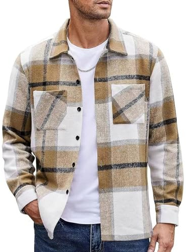 MakingDa Mens Checked Flannel Shacket Winter Warm Overshirt | Long Sleeve Regular Fit Plaid Shirt Jacket with 2 Chest Pockets, Thick Casual Button Down Utility Autumn Coat