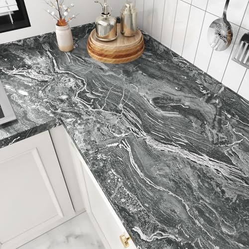 HotDecor Grey Marble Wallpaper Self Adhesive Kitchen Counter Vinyl Wrap Worktop Vinyl Covering Grey Silver Wallpaper for Living Room Marble Sticky Back Plastic Roll Stick on Wallpaper 40cm X 200cm