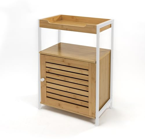 LIN HOME Mueble para Baño Blanco XZ-22167-1 con 1 Armario, 1 Puerta y 2 Estantes, Estantería Compacta de Bambú y Metal 40.5x30x70cm – Organizador Duradero y Elegante