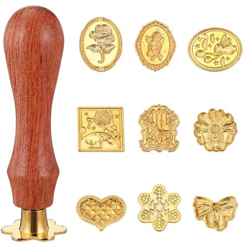 9 Stück Siegelstempel Blumen Wachssiegel Stempel Klassisch Poststempel Kopf mit Massivholz Griff Metall Wachsstempel Siegelwachs Set Traditioneller Museumsstempel für Umschläge Grußkarten